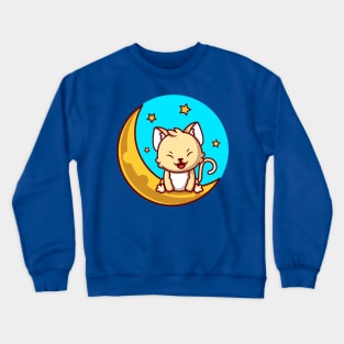 Cute Cat Sitting On Sickle Moon With Stars Cartoon Crewneck Sweatshirt